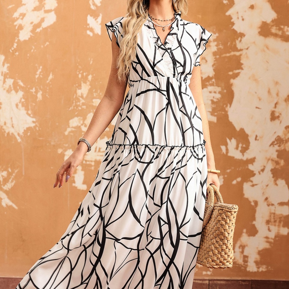 White Abstract Vein Print V Neck Ruffle Maxi Dress